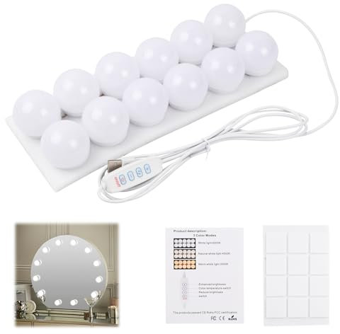 Jinlaili 12 LED Spiegelleuchte mit 3 Farbe, Hollywood-Stil Dimmbar Schminklicht, Schminktisch Leuchte, Makeup Lampe, Make Up Licht, Schminkleuchte, Spiegellampe für Kosmetikspiegel, Badzimmer Spiegel