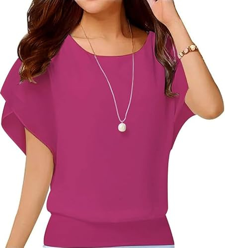 Yommay Chiffon Bluse Damen Oberteile Elegant T-Shirts Mode Rundkragen Lose Lässig Tops Sommer Kurzarm Shirt,Rose Rosa,M