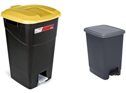 Tayg - Poubelle de 60 litres avec pédale, base noire et couvercle jaune, plastique & SUNDIS Flat Bin, poubelle à pédale 30 L, rectangulaire, en plastique recyclé, avec anses