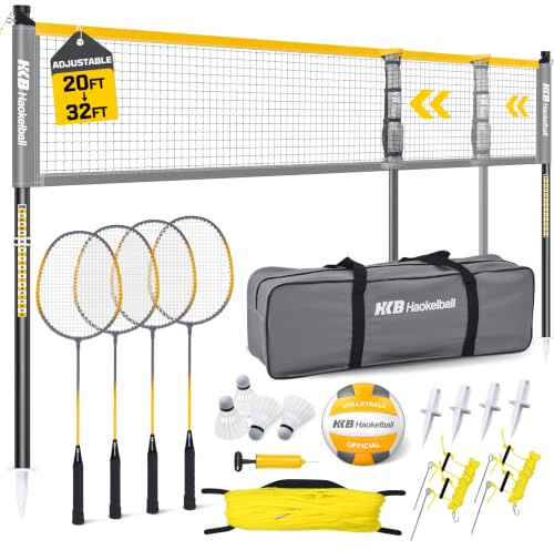 Haokelball Badminton Volleyball Net Set Combo – Adjustable Width 20-32ft & Height, with Rackets, Shuttlecocks, Volleyball, Boundary Line, Carry Bag – Badminton Sets for Backyards, Outdoor, Grass, lawn