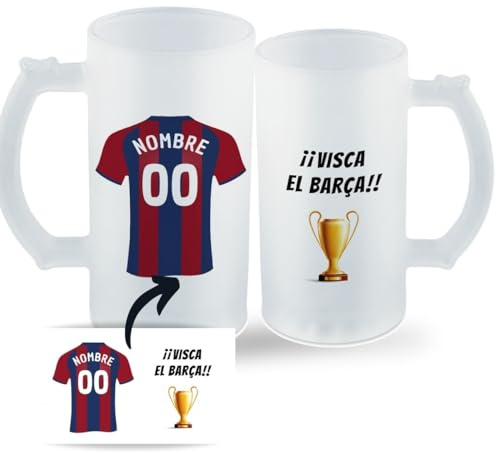 DEREGALOOS Jarra Personalizada con nombre de Fútbol Barcelona. Jarra de cerveza personalizada. Regalo Original para Aficionados del Futbol. Regalos Mundial Futbolistas.