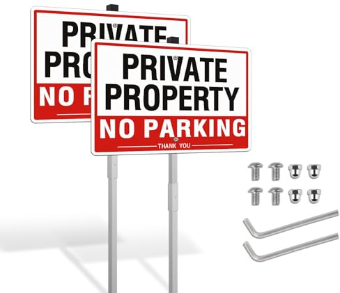SINMAO Paquete de 2 letreros de no aparcamiento con poste de metal de 300 x 200 mm, letreros de metal para propiedad privada, no estacionamiento, reflectantes, protección UV