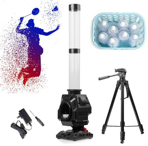 JOSBY Badminton-Pitching-Maschinen-Set, Indoor- und Outdoor-Badminton-Trainingswerfer, 4 einstellbare Winkel und Frequenz, mit 8 Federbällen und Stativ, für Anfänger, Kinder, Trainer