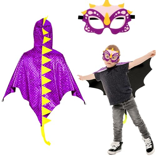 DKINY 80cm Cape Dinosaure Violette Foncée d'Enfant avec Masque Costume Ptérosaure Déguisement Carnaval pour Garçon Fille Cosplay Fête Halloween Épiphanie Anniversaire Soirée