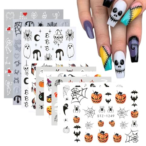 QOWIJEX 10 Fogli Adesivi per Unghie,Adesivi per Unghie in Stile Halloween,Zucche,Teschi,Fantasmi,Ragni e Altro Ancora Accessori per la Decorazione Delle Unghie di Halloween