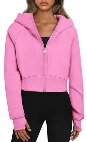 Timuspo kort huvtröja för kvinnor, kort sweatjacka med huva, dragkedja, huvjacka, fleecefoder, huvtröja, dragkedja, höst, vinter, sweatshirt, jacka, ROSA, S