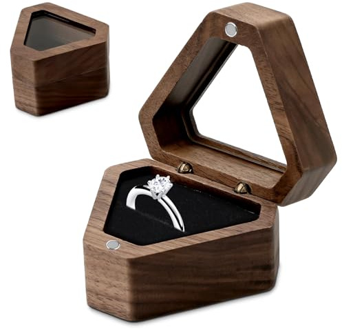 KGGZKG Ringbox Hochzeit Ringschatulle Samt Soft Interieur Herzförmige Ring Box Ringschachtel Verlobungsring Box Walnuss Holz Ringkästchen (Diamant Braun)