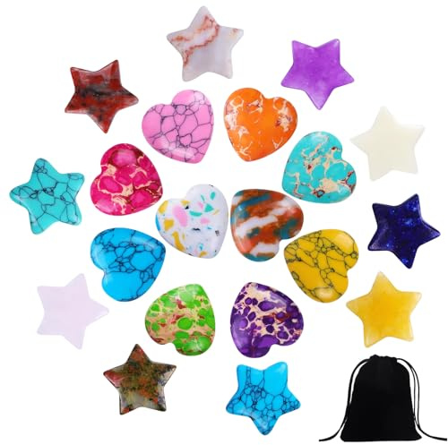 Glückssteine für Kinder 20 Stück Glückssteine Sternkristall Set 10 Sternförmige Kristalle und 10 Herzförmige Steine Wird mit 1 Aufbewahrungsbeutel Geliefert zur Meditation Heilung und Dekoration