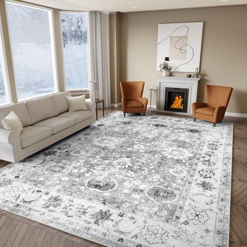 IKALIFE Grey Rugs Living Room - 160x230 cm Machine Washable Soft Short Pile Non-Slip Vintage Large Area Rugs for Bedroom Dining Room Office Lounge, Traditional Non-Shedding Floor Carpet