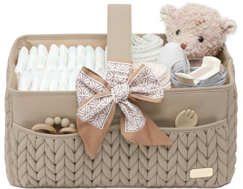 LUKJOJO Organizer per pannolini, cestino portaoggetti portatile per neonati essenziali, cestino regalo per baby shower, cestino per fasciatoio (beige)
