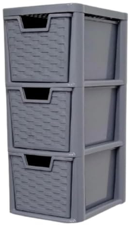 Khanary 3 Plastic Storage Drawer Rattan Style Medium Drawer Multipurpose 3 Tier for Home Office Kitchen Bath Bedroom Garage Study Stationery Toys Books Magazines (H)48 (D)25 (W)19cm Grey