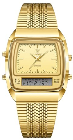 JewelryWe Square Business Wrist Watch: Men Women Dual Time Zone Analog Digital Display Multifunctional Stainless Steel 3 ATM Waterproof Alarm Stopwatch Calendar Quartz Watch