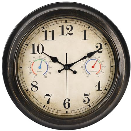 30,5 cm große Outdoor-Uhr mit Thermometer und Hygrometer, wasserdicht, für Innen- und Außenbereich, Wanduhren für Terrasse, Pool, Garten, Dekoration, Retro-Bronze