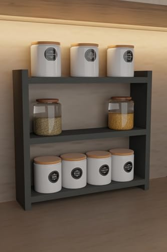 ETNIC ART Organizer da Cucina, mensole da cucina, portaspezie salvaspazio Supporto Porta Spezie Appoggio mensola Ripiani Salvaspazio Organizzatore Cucina Armadietto Bagno (ANTRACITE, 3 RIPIANI LEGNO)