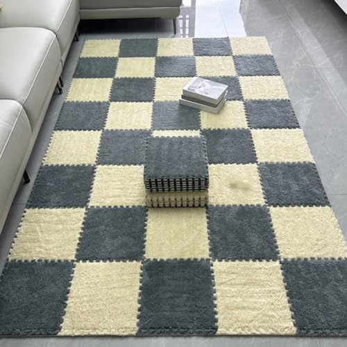 JNTFNE 12 Pieces Puzzle Interlocking Carpet Tiles for Living Room,Plush Foam Floor Mat,Jigsaw Floor Mat Rugs,Play Mat,12X12 Inch(Size:0.23 inch,Color:Apricot+Gray)