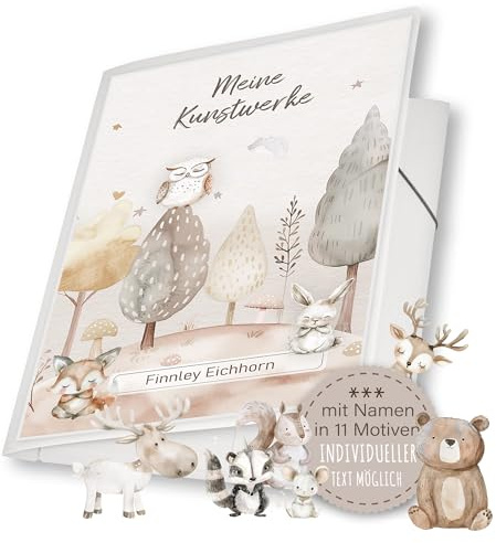 Zeichenmappe A4 oder A3 Schule Kindergarten Mappe personalisiert Namen Wildlife - Bär Fuchs Elch Hirsch Hase Waschbär Ente Kunstwerke Erinnerungsmappe Sammelmappe Junge Mädchen