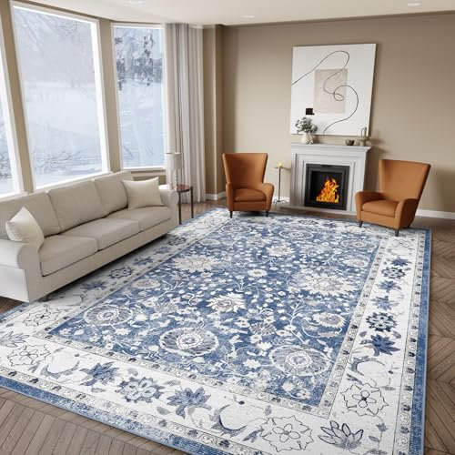 IKALIFE Teppich Wohnzimmer Vintage Waschbar - Kurzflor Waschbarer Teppich rutschfest Super Weich Blumen Design Groß Wohnzimmerteppich für Esszimmer Schlafzimmer 120x170 cm Blau
