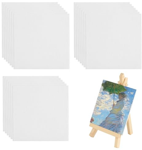 Set di 20 mini tele vergini per pittura, tela a tinta unita per pittura e mini cavalletto, 10 x 10 cm, mini tela vergine e cavalletto per acquerello in acrilico + piccolo cavalletto