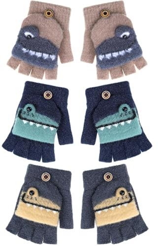 Geyoga 3 Guantes sin Dedos Invierno Niño Medio Dedo Convertibles Cierre Abatible 5-10 Años(Gris Oscuro, Azul Marino, Marrón)