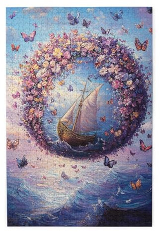Cafemira Jigsaw Puzzle 1000 Piece,Floating Floral Sphere Butterflies and Blossoms on Ocean Surface,Adult Wooden puzzles game,Relax and enjoy the fun of solving,Pieces Fit Together Perfectly