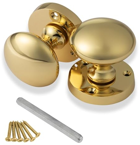 XFORT Mortice Door Knobs in Polished Brass | Mushroom Style Internal Door Knobs for Wooden Doors | Round Victorian Doorknobs