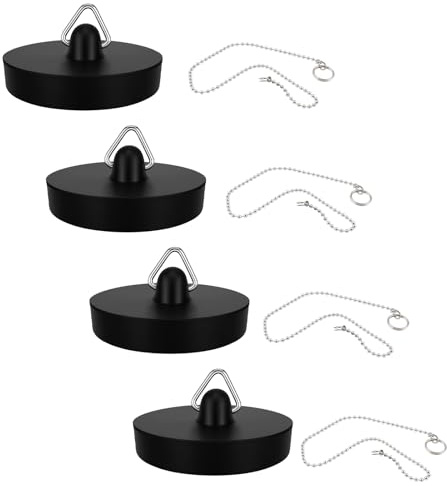 4PCS Bouchons de Vidange en Caoutchouc avec Chaîne, Noir Ø 45-47 mm avec chaînes INOX de 40 cm, Étanches et durables, pour évier, Baignoire, Cuisine, Salle de Bain, buanderie