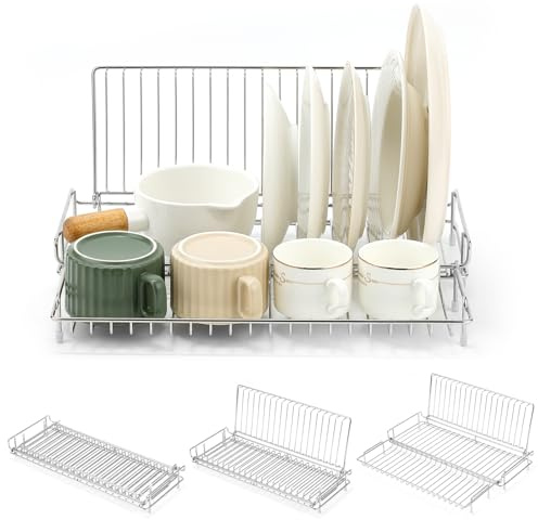 JM.JEEMI Compact Dish Drying Rack, Stainless Steel Folding Dish Drainer | Foldable Small Dishes Drying Racks for Kitchen Counter, Space-Saving & Collapsible Design, Silver