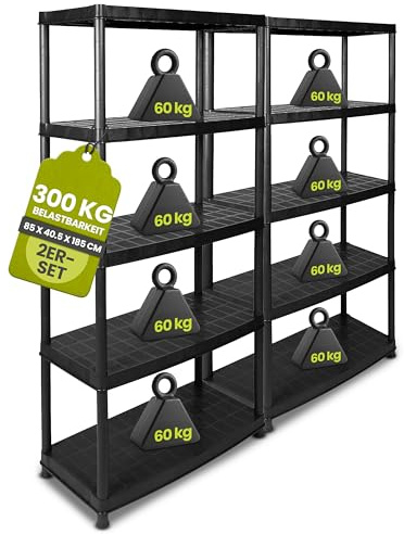 Kreher® 2 x XL Schwerlastregal Kunststoff - 85x40,5x185 cm - 5 Böden, 300 kg Traglast - Stecksystem, teilbar 3+2 Böden, TÜV geprüft, rostfrei & wetterfest - Für Keller, Garage, Werkstatt & Garten
