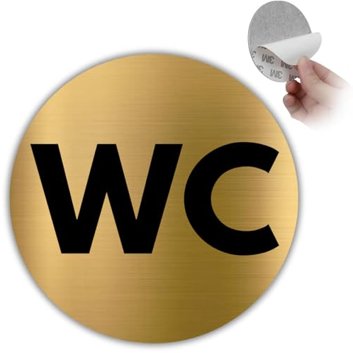 LEIASA | Señal WC Dorado - Diámetro 10 cm - Grosor 0.8 mm - Aluminio - Placa Redonda Adhesiva - Cartel Aseos - Signo WC - (Señal WC)
