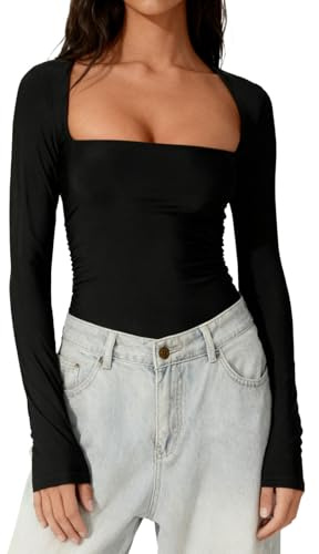 InfiniZer Going Out Tops for Women UK - Square Neck Long Sleeve Cute Tops, Double Lined Dupe Crop Tops, Slim Fit Y2K Streetwear Solid Pullover T-Shirts