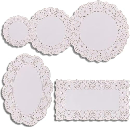 BetterJonny 250 Stück Papierdeckchen, Weißes Spitzenpapier, runde, rechteckige und ovale Tortendeckchen für Tische, Teller, Kuchen, Desserts und Bastelarbeiten(5.5″/7.5″/9.5″/6.5 * 9″/7.5 * 11.8″)
