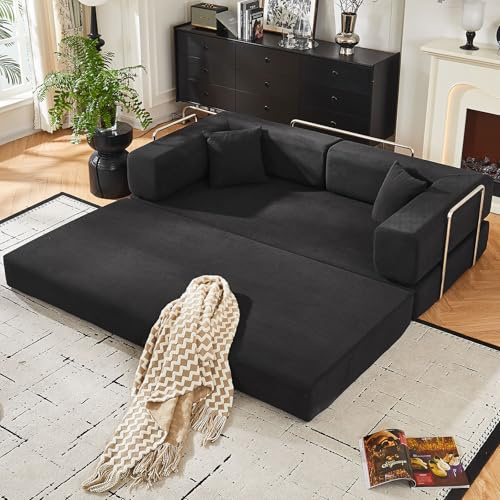 Zvaxioyv 79 Corduroy 4-in-1 Convertible Folding Sofa Bed, Pull-Out Double Floor Sofa with Fixed Frame, Boneless Sleeper Sofa for Living Room Bedroom Lounge, No Assembly Required, Black