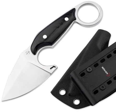 BÖKER PLUS® Enki - kleines Full Tang Messer mit Kydexscheide - taktisches Messer mit 5,6 cm D2 Droppoint Klinge feststehend - Neck Knife 42a konform - Backup Messer mit Micarta Griff schwarz & Ring