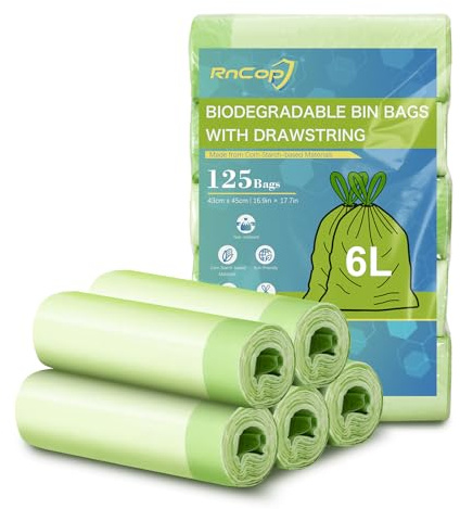 RnCop 6L Biodegradable Bin Bags with Drawstring Tie Handle, 125 counts Bin Liners Food Waste Bags Strong Trash Bags(43 x 45cm)