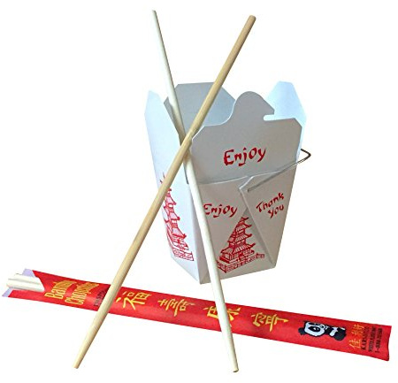 Fold Pak Pack of 25 8 oz Chinese Take Out Boxes with 25 Bamboo Chopsticks, Pagoda Design, Party Favor and Food Pail, Sustainable