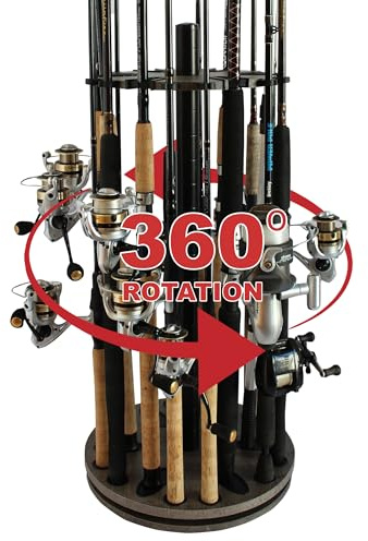 Rush Creek Creations Fishing Rod Holders for Garage 360 Degree Rotating Fishing Pole Rack, Floor Stand Holds up to 24 Rods. Fishing Gear Equipment Storage Organizer, Fishing Gifts for Men
