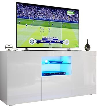 ELEGANT 1350mm Modern Tall TV Cabinet with RGB LED Lights White Gloss TV Unit for up to 55 TV with Ambient Light for Living Room Furniture, Power Adapter included
