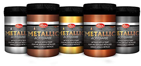 Viva Decor Metallic Acrylfarbe (Silber, Silbergrau, Gold, Bronze, Kupfer, 5 x 100 ml) glamouröse Acryl-Farbe mit Metallic-Effekt, auch als Pouring Acrylfarben Set Metallic - Made in Germany