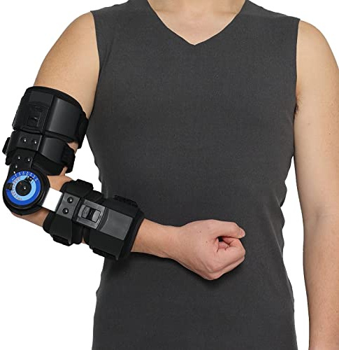 Orthomen Hinged ROM Elbow Brace Stabilizer, Adjustable Post OP Arm Support Splint for Surgery Recovery, Fracture & Dislocation, 10°-15° Incremental Control, Universal Fit Men and Women (Right)
