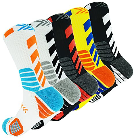 YWSLRC 5 Pairs Men's Athletic Crew Socks Performance Thick Cushioned Sport Basketball Running Training Compression Sock (US, Alpha, One Size, Multicolor)