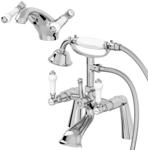 Architeckt® Winchester Bathroom Bath Shower Mixer Basin Mixer Tap Set Pair Round Lever Handle Traditional, Chrome