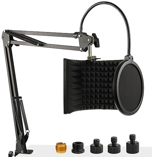 Frgyee Microphone Isolation Shield with Mic Stand and Pop Filter, Foldable Sound Shield for Most Condenser Microphone, High Density Absorbent Foam to Filter Vocal