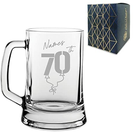Personalised Engraved Tankard Beer Mug Stein Happy 70th Birthday Balloon Design Gift Boxed, 16.75oz/495ml Classic Beer Glass, Any Name, Engraved in The UK