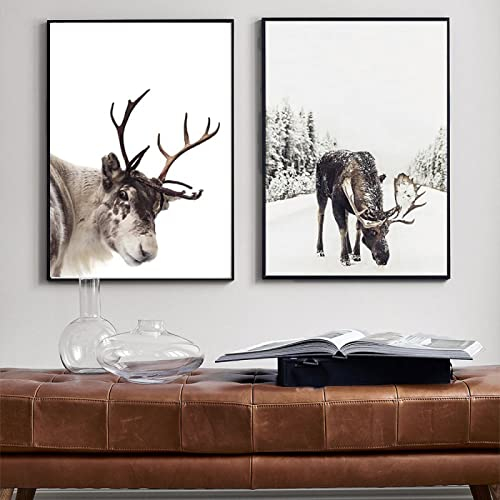 GSHRED Weihnachtsdekor-Poster, Weihnachten, Winter, Elch, Tannenzapfen, Wandkunst, Leinwand, Gemälde, skandinavisches Bild für Wohnzimmer, Heimdekoration, ungerahmt, 30 x 40 cm x 2 Stück