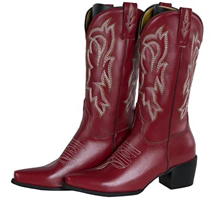 Botas de Vaquero Bordadas Occidentales Para Mujer - Punta Puntiaguda, Retro, Tacones Cuadrados, Tubo Medio, Sin Cordones, Talla Grande 45, Rojo, 39