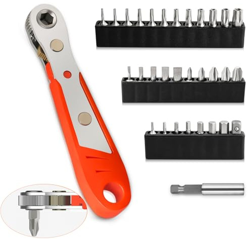 Hakkin 32Pcs Mini Ratchet Screwdriver Set Magnetic Offset Screwdrivers | S2 Steel 1/4 Drive High Torque Reversible Mini Ratcheting Screwdriver Set Slotted, Phillips, Torx, Hex