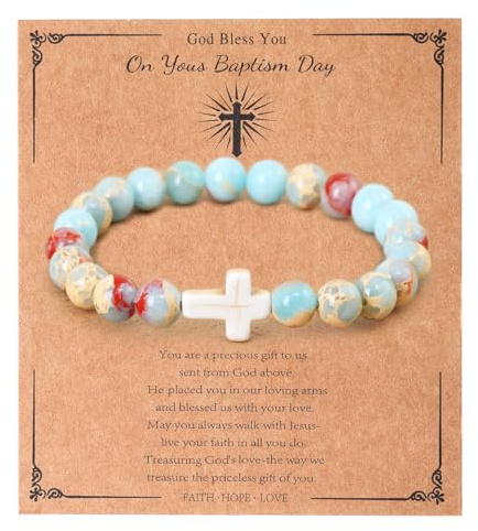 LUOKIFUR Bracciale da donna con croce, regalo per battesimo, cristiano cattolico, religioso, braccialetto con perline in pietra naturale, regalo ispiratore per lei (blue)