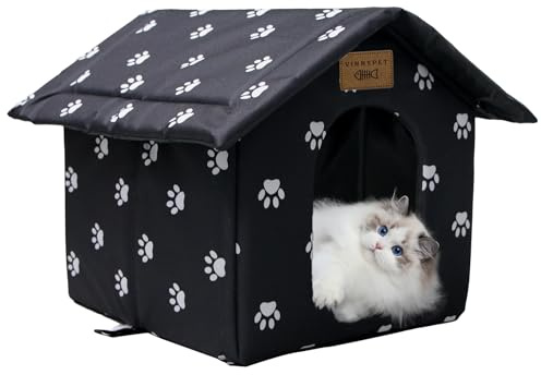 Vinnypet Katzenhaus Für Draußen Winterfest Wasserdicht Katzenhöhle | Haustierhaus mit Plüschkissen Warm Hundehöhle Waschbar Wetterfester Hundehaus Tierheim Für Streuner Haustiere 40x40x45cm