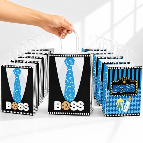 HAPPARTY 16 Stück Geschenktüten mit Griffen für Süßigkeiten mit Griffen, Kraftpapier zum Mitnehmen für Babys, Jungen, Geburtstagsdekorationen, Schwarz / Blau