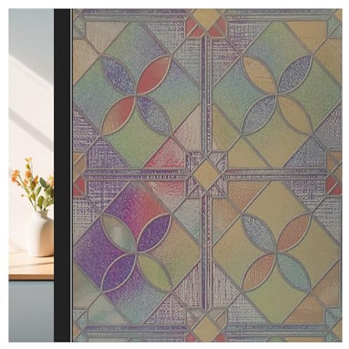 ConCus-T Vintage Geometric Window Film Privacy, Colorful, 44.5 x 200 CM | Frosted Glass Film Static Cling Window Sticker Anti UV Door Covering Vinyl for Home Office